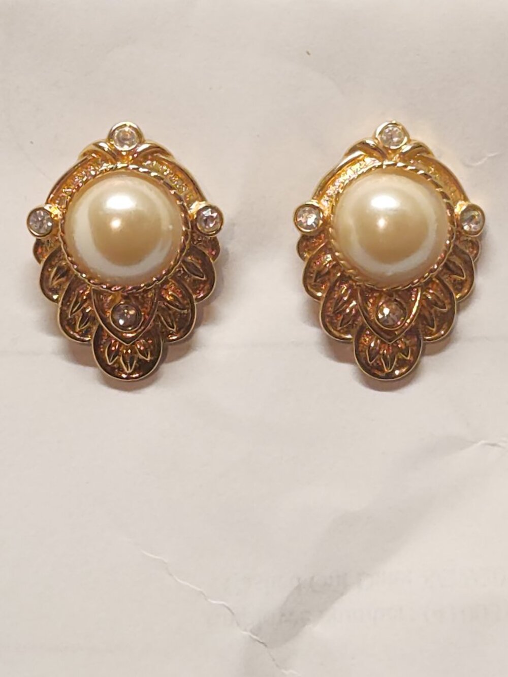 Vintage KJL For Avon Faux Pearl Rhinestone Gold Stud Earrings